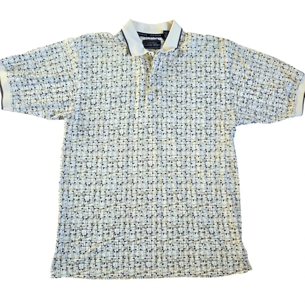 Steve‎ Stricker Fairway Sport Polo Shirt Mens Large Cream Golf Flag Print Cotton